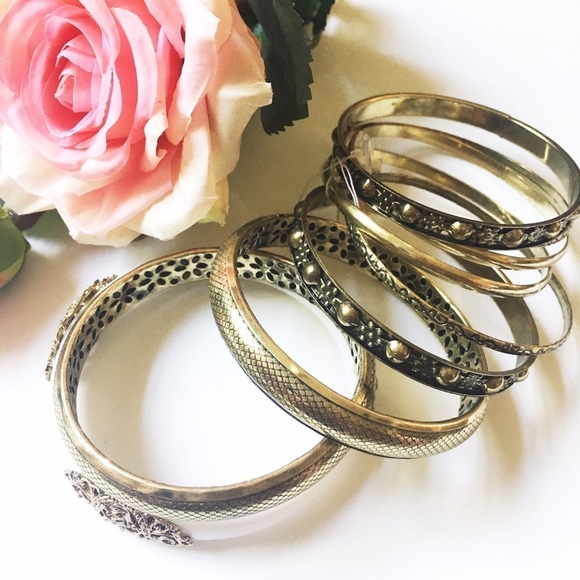 Last 1! Antique Gold Toned 9 PC Bangle Set - Picture 2 of 3